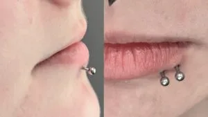 side view of labret piercing and closeup of shark bites piercing