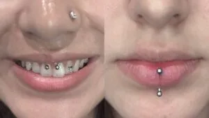 smiley and nostril piercings on one person, and another person with a vertical labret piercing