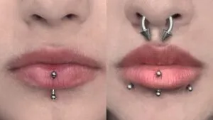 vertical labret piercing on two different people's lips with an addition of septum, and snake bites piercings