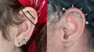 2 ears with industrials, conch, lobe piercing