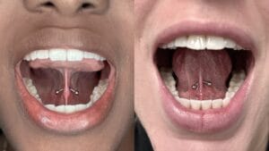 open mouth with frenulum linguae piercings