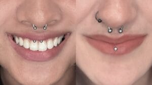 smile face with smiley piercing, septum piercing and grin face with ashley piercing, septum piercing 