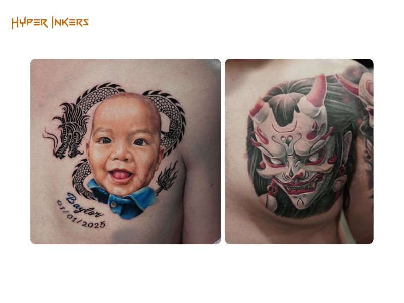 A classic placement over the heart, the single pectoral tattoo is a focused statement of love and loyalty.