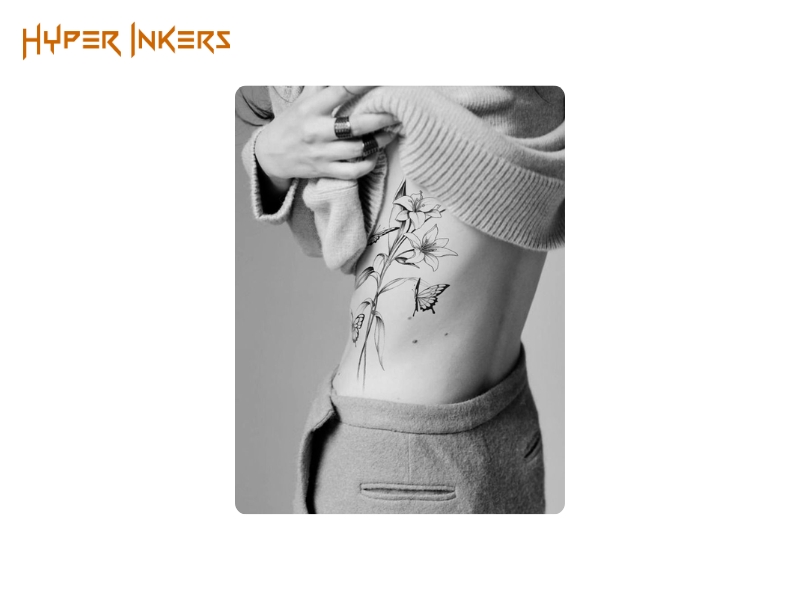 Elegant fine-line florals flow beautifully along the side rib