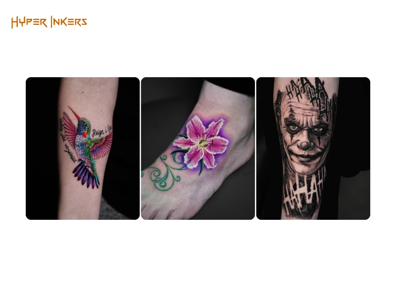 Three detailed tattoos: colorful hummingbird on forearm, pink lily on foot, black and gray portrait on arm