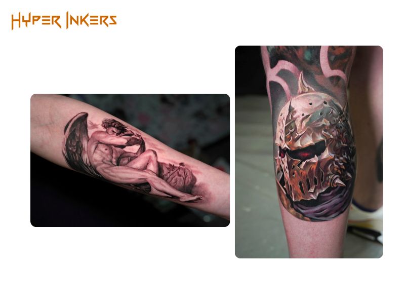 Two 5 inch tattoos, a black and grey angel scene on a forearm and a color helmet on a calf