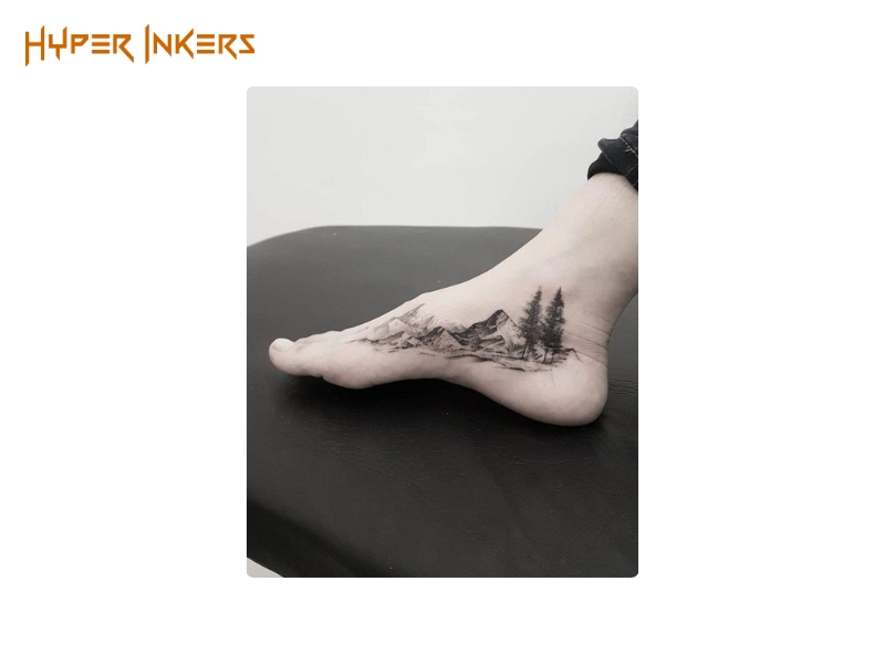 Lettering laid flat across the top of both feet above the toes