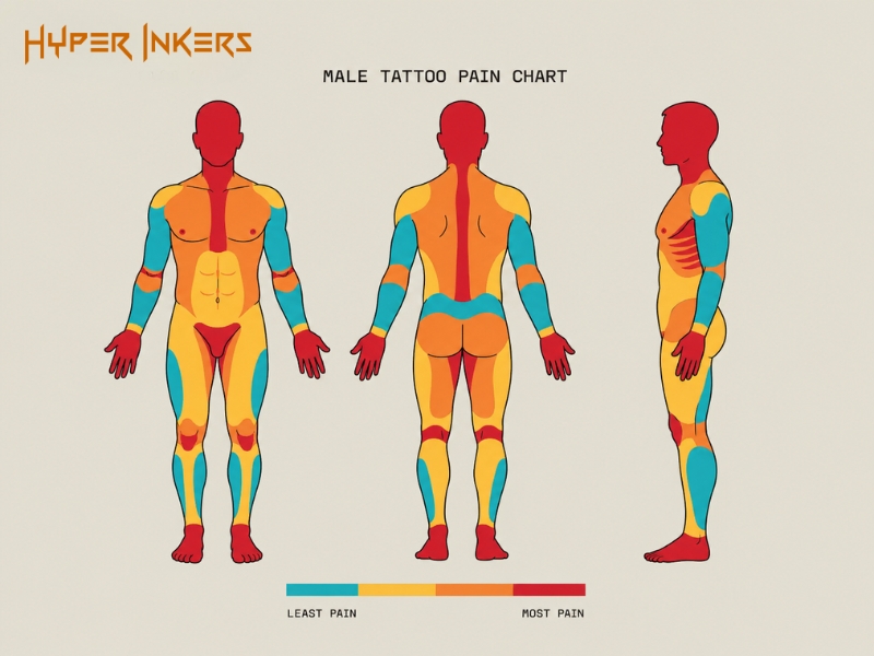 Male tattoo pain chart showing pain levels for men by body area, front, back and side