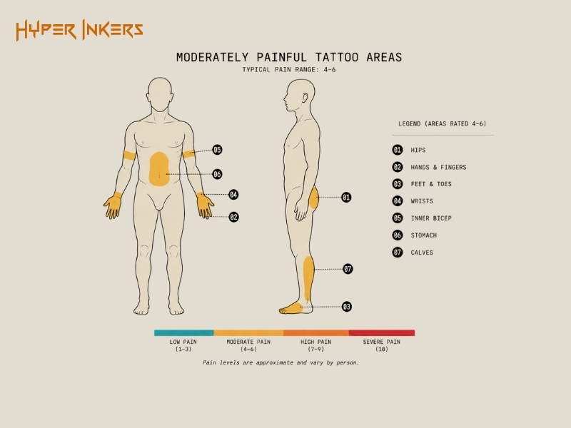 Moderately painful tattoo spots, the 7 body areas rated 4 to 6 on the tattoo pain scale